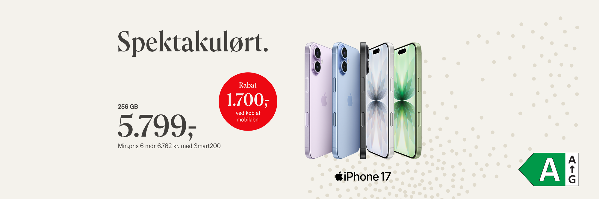 iPhone17, 256 GB, kun 5.799,- Rabat 1.700,- ved køb af mobilabonnement. Min.pris 6 mdr. 6.762 kr. med Smart200