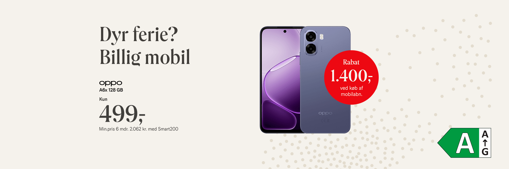 OPPO A6x, 128 GB. Kun 499,- Rabat 1.400,- ved køb af mobilabonnement. Min.pris 6 mdr. 2.062 kr. med Smart200 abonnement